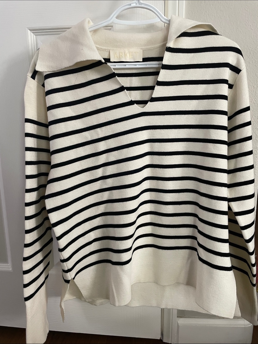 Arket Cream and Black Striped Collared V-Neck Sweater